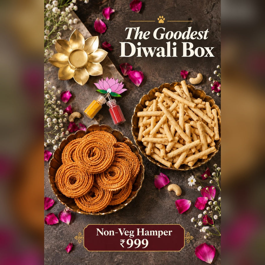 Woof Ministry Non-Veg Diwali Hamper with Chicken Chakli, Mutton Gathiya, diya and haldi-kumkum set