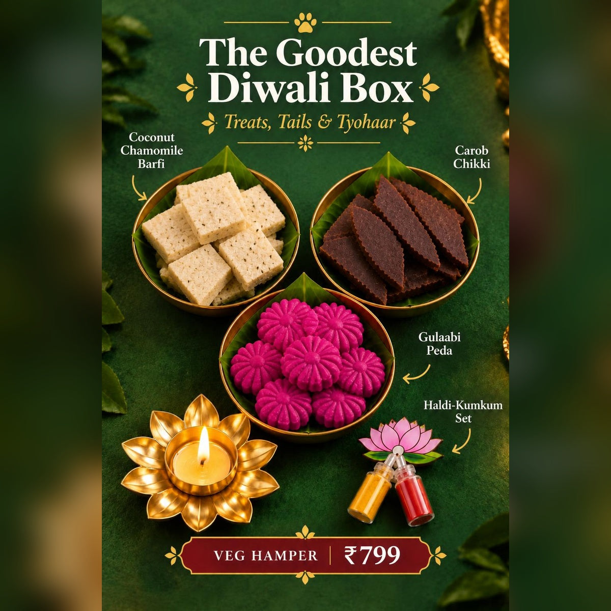 Woof Ministry Veg Diwali Hamper with Gulaabi Peda, Coconut Chamomile Barfi, Carob Chikki, diya and haldi-kumkum set