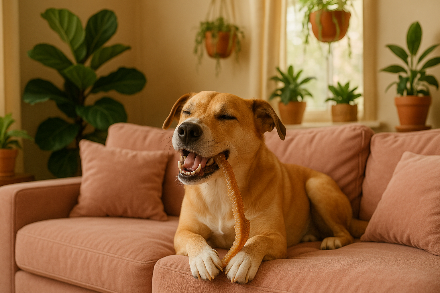 can you create an image of a dog sitting on a pink sofa at home with a few plants around chewing on a dehydrated goat trachea chew