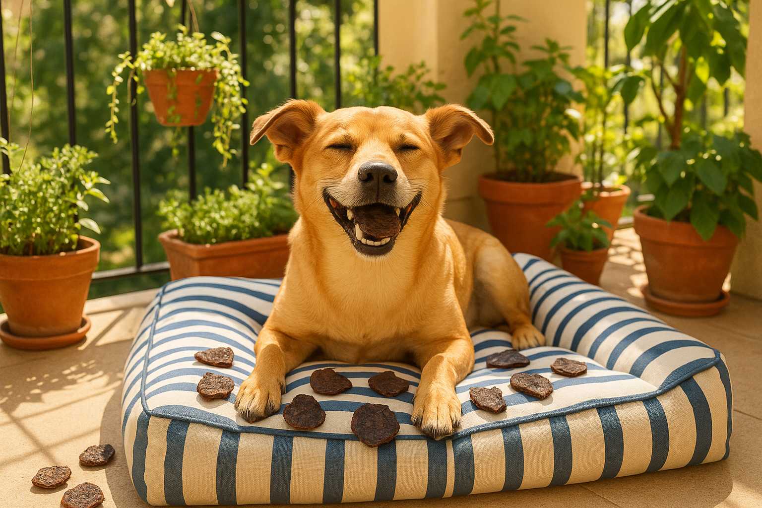 can you create an image of a dog sitting on a white and blue striped dog bed in a balcony with some plants, enjoying some dehydrated chicken liver pieces .. the dehydrated chicken liver pieces should be around 5-6 cms in size and dark brown coloured