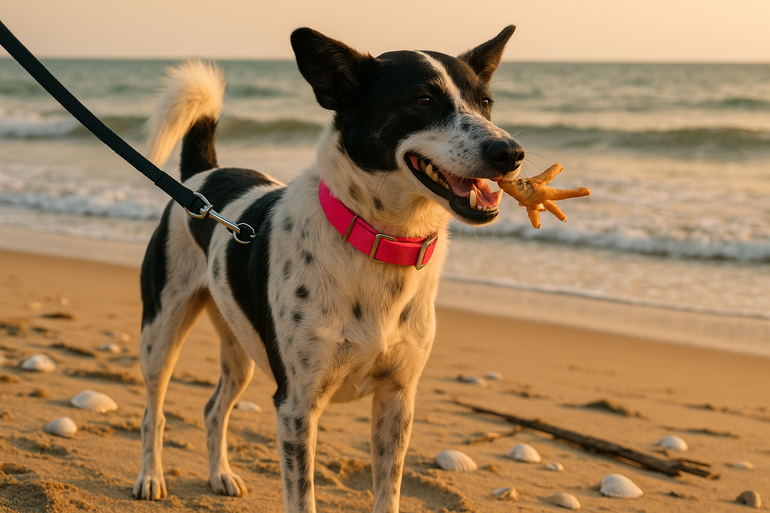 can you generate an image of a black and white paraih dog on the beach with a dehydrated chicken feet in her mouth wearing a hot pink collar and a leash